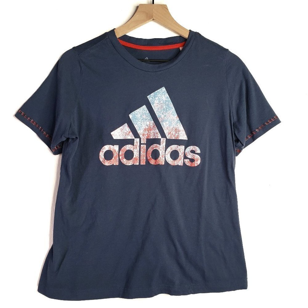 Adidas Short Sleeve Stitch Detail Tee Women's Plus 1X Navy Blue Red White